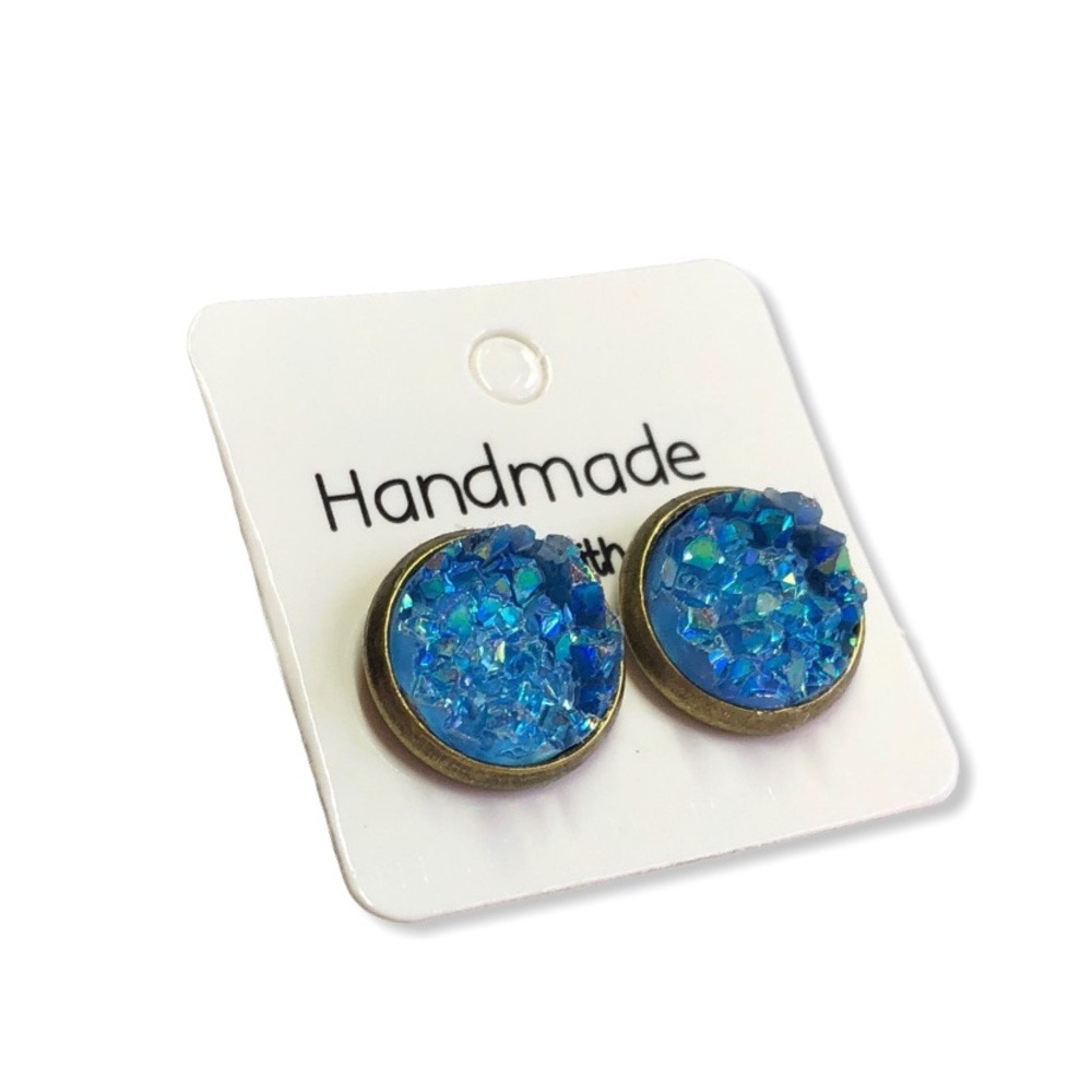 AB Blue Crystal Chunky Druzy Stud Earrings! - Picture 3 of 16